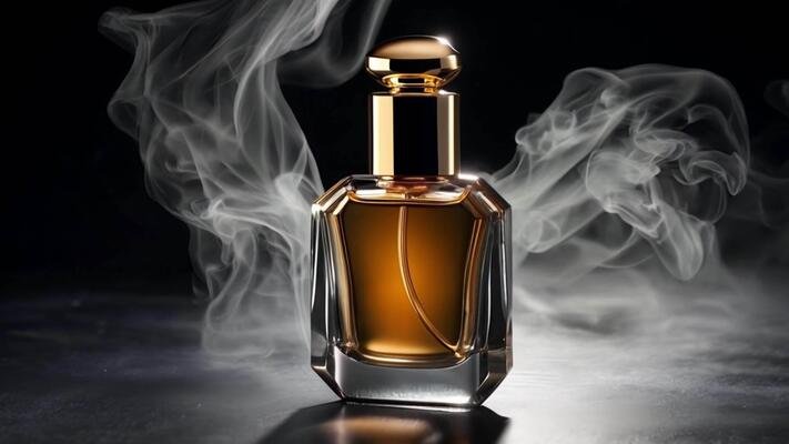 blank luxury perfume bottle on a black background beside fog smoked free video